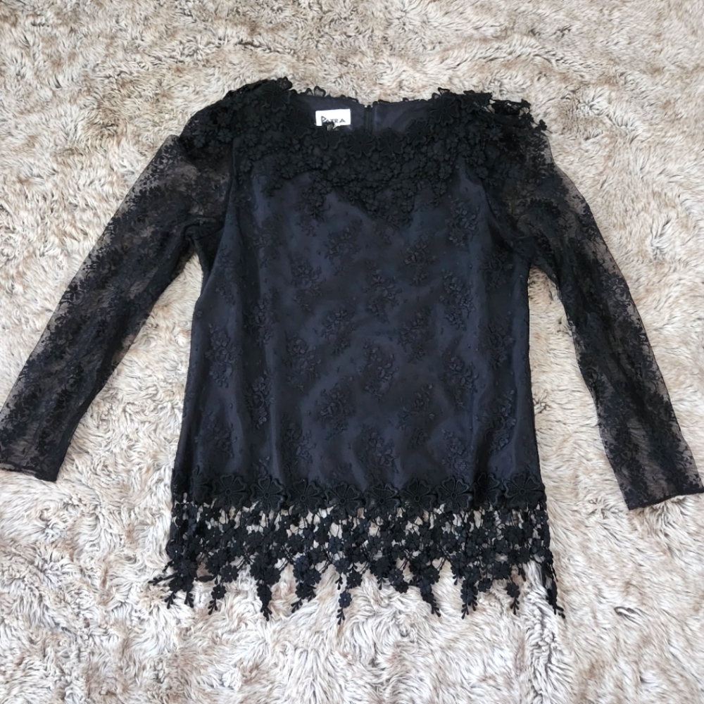 Patra Vintage Long Sleeve Floral Lace Blouse Black Size 9/10‎